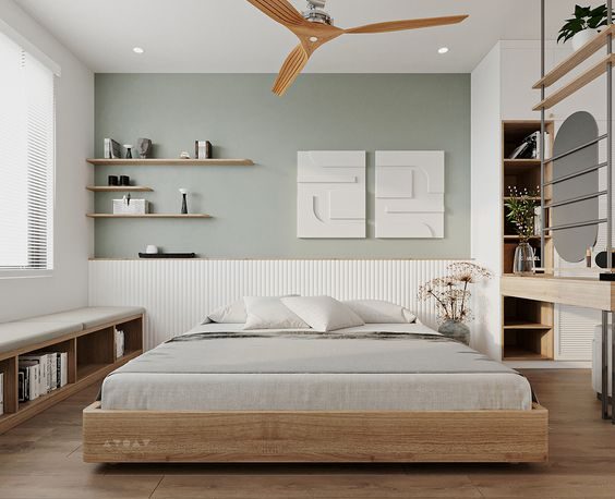 light green and natural woods bedroom color